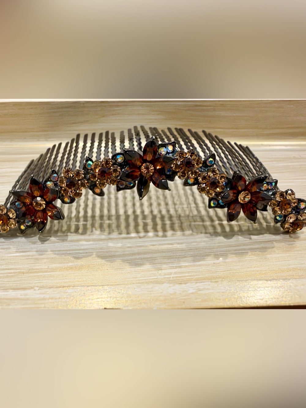 Crystal Floral Hair Comb - Brown Rhinestone Accent